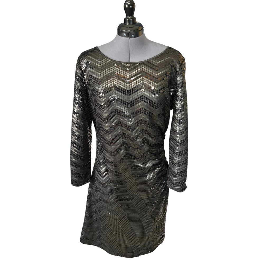 Arthur Levine Sequin Cocktail Dress Size 12 Black Long Sleeve Knee Length
